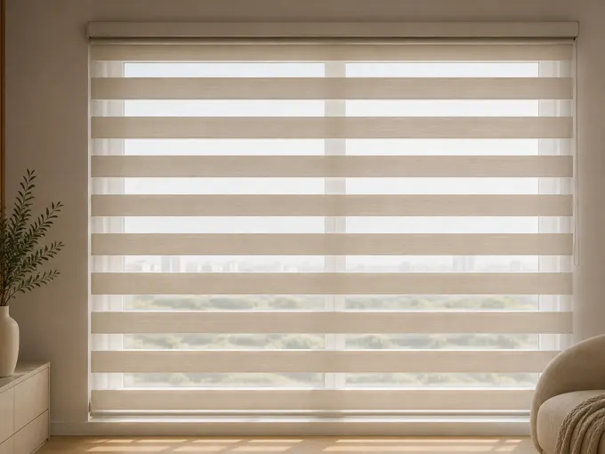Cortina double vision com faixas transparentes e fechadas alternadas
